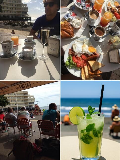 Collage de fotos del Calima Cafe con desayunos y vistas al mar