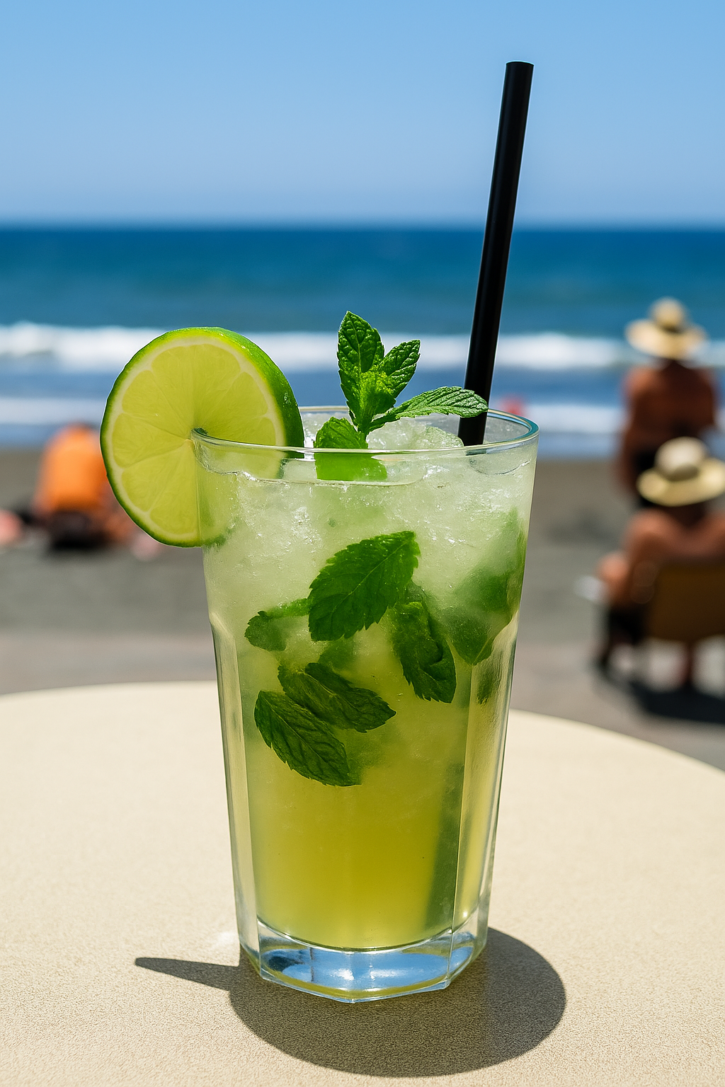 Cóctel Mojito refrescante en la terraza con vistas a la playa