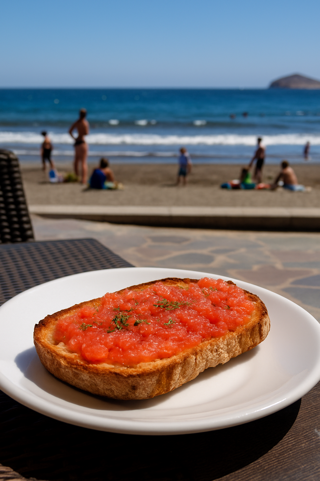 Tostada con tomate en la terraza con vistas a la playa de El Médano